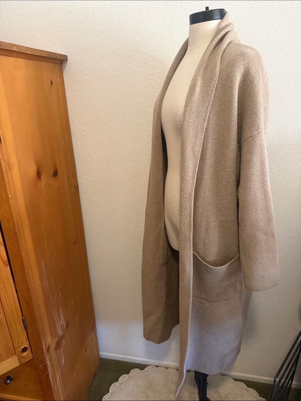 Long Open-Front Taupe Cardigan with Pockets